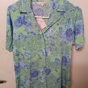 Michele Hope Green and Blue Floral Button-Down Blouse